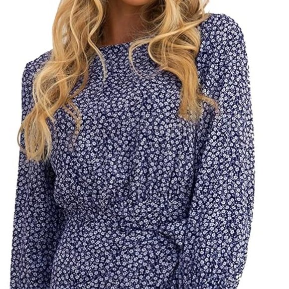 Relipop Dresses & Skirts - Relipop Blue Floral Long Sleeve Crewneck Ruffle Hem Short Mini Dress Small